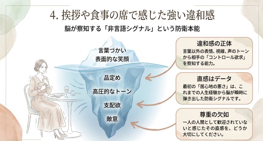 挨拶や食事の席で感じた強い違和感