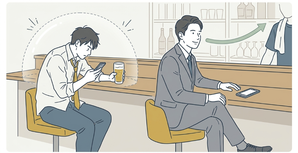 カウンター席で静かに飲む男性が見せるサインと心理